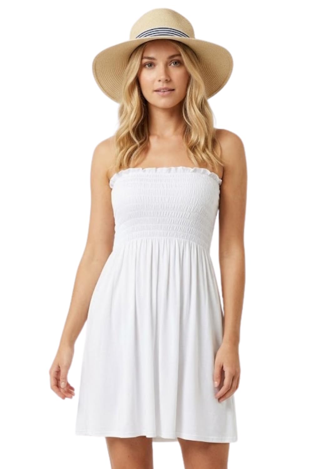 NAZ Fashion Women Ladies Sheering Gather Bandeau Boobtube Plain Top Mini Dress White UK 16 to 18