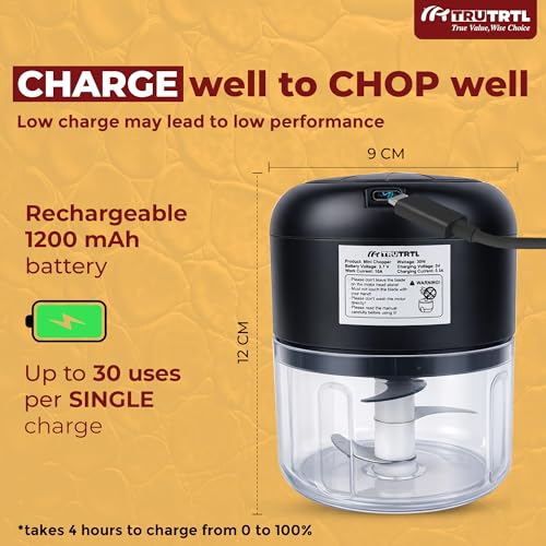 Image of Mr. TRU Smart Electric Mini Chopper for Kitchen | 1200 mAh Battery | Portable Food Processor for Onion, Tomato, Nuts & Vegetable | Multipurpose Cutter | 1 Year Warranty | 250ml (Black)