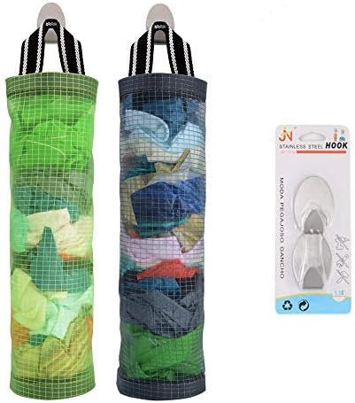 Plastic Bag Holder Sulimy Dispensers Folding Mesh Garbage Bags 2pcs Hanging Storage Bag Trash bags Holder Organizer Recycling Grocery Pocket Containers with 2 Hooks for Home and Kitchen Grey & Green