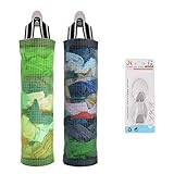 Plastic Bag Holder Sulimy Dispensers Folding Mesh Garbage Bags 2pcs Hanging Storage Bag Trash bags Holder Organizer Recycling Grocery Pocket Containers with 2 Hooks for Home and Kitchen Grey & Green
