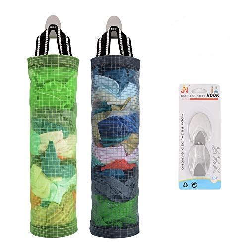 Plastic Bag Holder Sulimy Dispensers Folding Mesh Garbage Trash Bags 2pcs Hanging Storage Holders Organizer Recycling Grocery Pocket Containers with 2 Hooks for Home and Kitchen Grey and Green