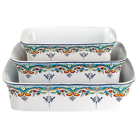 Euro Ceramica Zanzibar Collection 3-Piece Oven to Table Stoneware Casserole Dish Set, Deep Rectangular Lasagna Pans. Freezer to Oven to Table Safe - Bake and Serve. Cover