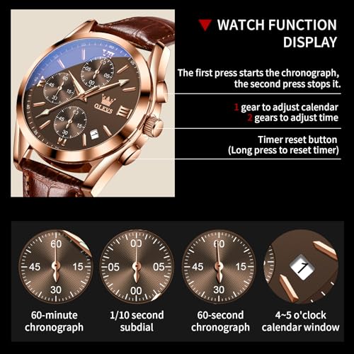 OLEVS Brown Leather Watch Chronograph Dress Water Resistant Classic Mens Watch with Leather Band Casual Analog Young Men's Wrist Watches Relojes para Hombres — view 5