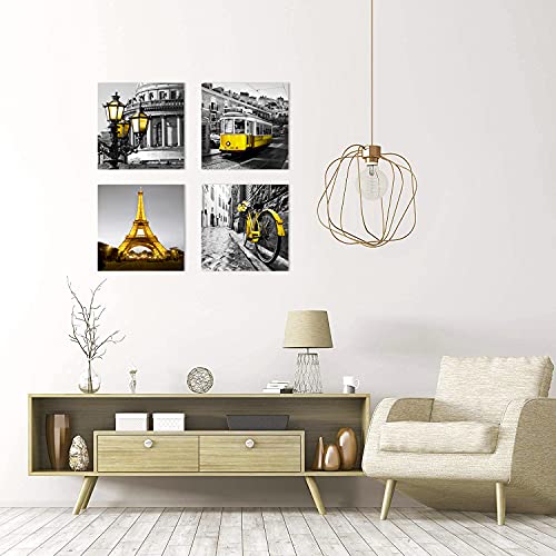 Ymyxmc33 Decor Bedroom Paris Eiffel Tower Canvas Print Black And White Wall Art London Landmark Building Yellow Lighting Old Tram Yellow Rose Bicycle Picture Decoration Living Room 12"X12"X4 #TOP2