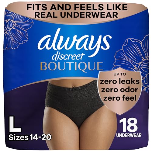Image of Always Discreet Boutique Incontinence and Postpartum Underwear for Women, Maximum Protection, Large, Black, 18 Count