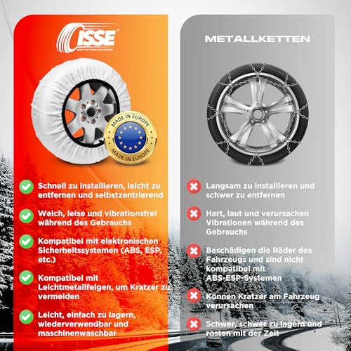 ISSE Super T-70 Textil Schneeketten für Autos - Homologierte - EN 16662-1 - Hochsichere, leicht installierbare Textil Schneeketten für Autos - Rutschfeste, strapazierfähige Ketten - Set mit 2 Ketten