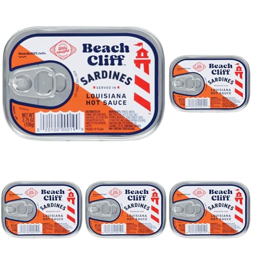 Beach Cliff Wild Caught Sardines in Louisiana Hot Sauce, 3.75 oz Can - 11g Protein per Serving - Gluten Free, Keto Friendly (Pack of 5)