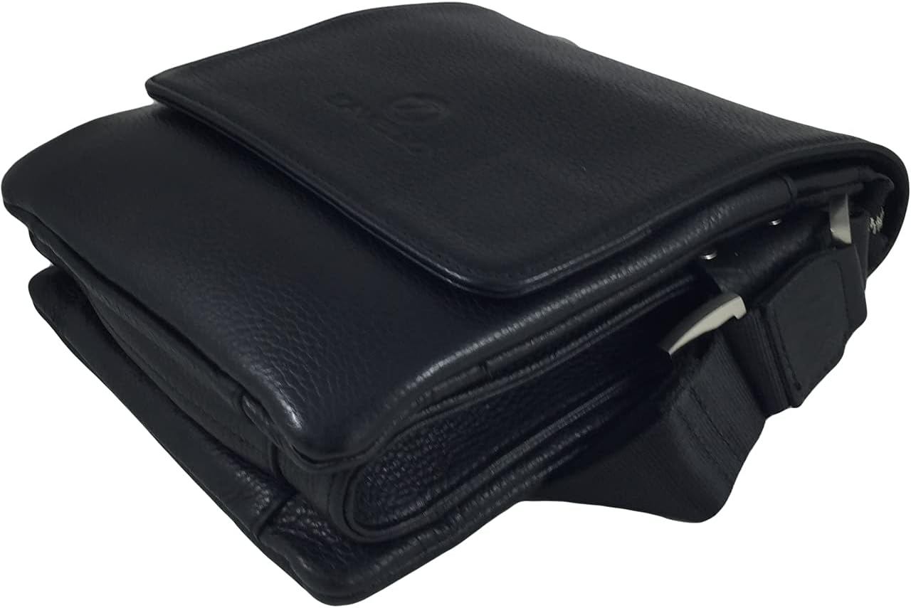 Men's Genuine Leather Small Cross Body Shoulder Messenger Bag (Black, Small)