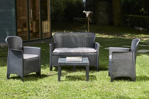 Dmora - Set salotto da esterno Ostuni, Set da giardino con 2 poltrone, 1 divano ed 1 tavolino, Salottino effetto rattan con cuscini, 100% Made in Italy, Antracite