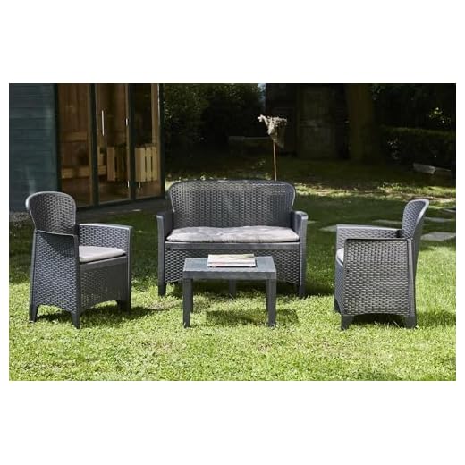 Dmora - Set salon d'extérieur Ostuni, Salon de jardin composé de 2 fauteuils, 1 canapé et 1 table basse, Coin salon effet rotin avec coussins, 100% Made in Italy, Anthracite
