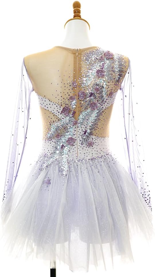 Girls' White & Lavender Ice Skating Dress with Floral Appliques, Long Sleeve Figure Skating Costume