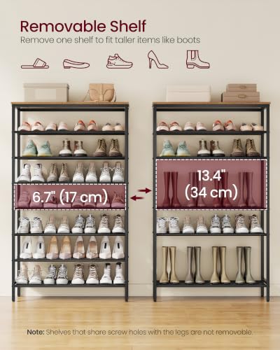 Image of VASAGLE Shoe Rack with 7 Mesh Shelves and 1 Large Top for Bags, Steel Frame
