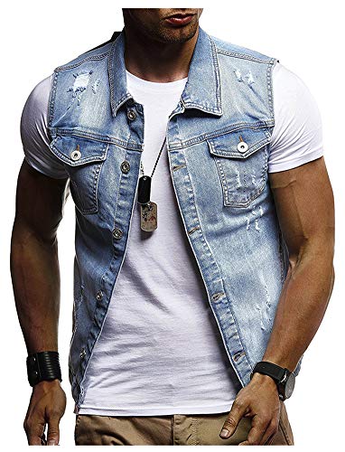 LifeHe Men's Slim Fit Ripped Denim Sleeveless Jean Vest and Jacket White (Light Blue, M)
