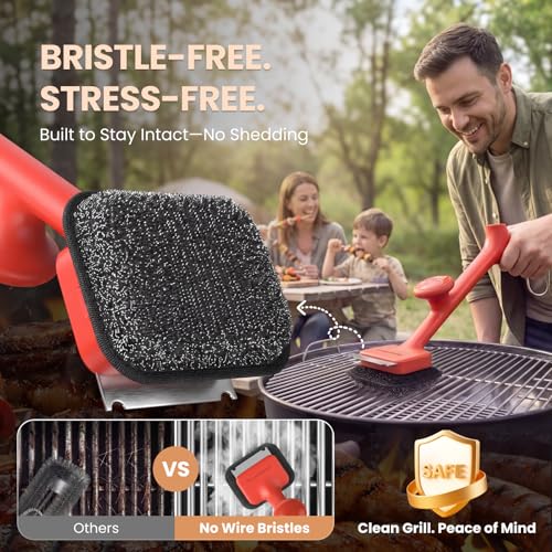 Image of ThermoMaven BBQ Grill Brush Bristle Free - 17 inch Safe Steam Grill Cleaner Brush with Scraper and 5 Brush Heads for Porcelain /Gas /Charcoal Grill Outdoor Grill Barbecue Cleaner