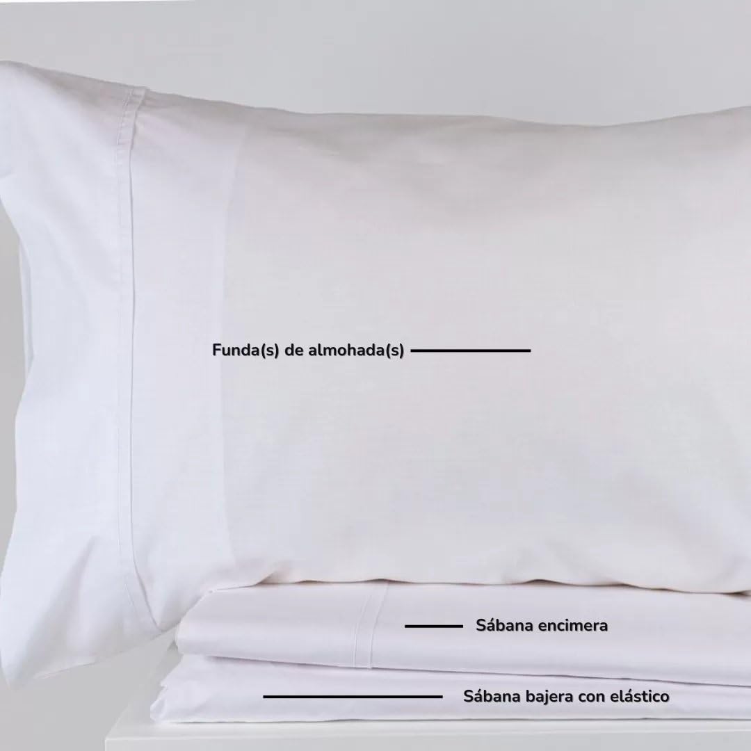 Sábanas con Vivo 310 Blanco - 180 Hilos - 100% Algodón - Cama 150/160 2 Almohadas 50 x 80 cm - Fabricado Portugal