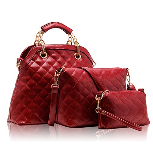 Sac en bandoulière pour femme élégant 3-en-1 avec pochette assortie et motif rhombique chic