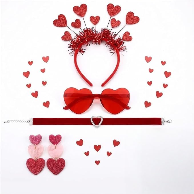 CLDURHGE Heart Shaped Sunglasses Accessories Set, 1 Pair Adult Red Glasses, Headband, Earrings, Face Stickers & Choker