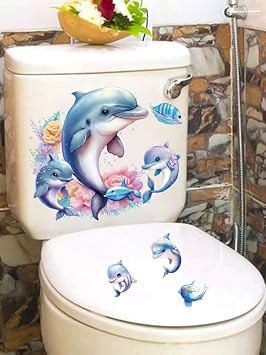 3 Pcs Cartoon Ocean Animals Toilet Seat Lid Stickers, Self-Adhesive Coral Dolphins Turtle Toilet Seat Decals,Under The Sea Toilets Stickers for Cistern Bathroom Wall Bathtubs Glass Door Restroom Decor