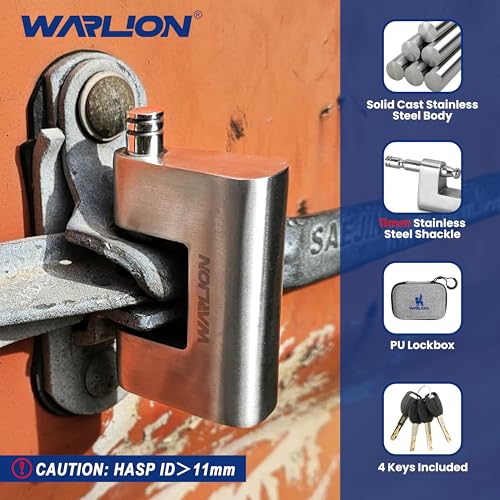 Image of WARLION Ultra Secure Heavy Duty Solid Stainless Steel Lock with 4 Keys & 7 /16 inch Uncuttable Shackle - Weatherproof Multi-Use Padlock for Container, Warehouse, Shed, Gate & 2-Wheeled Vehicles (No Chain)
