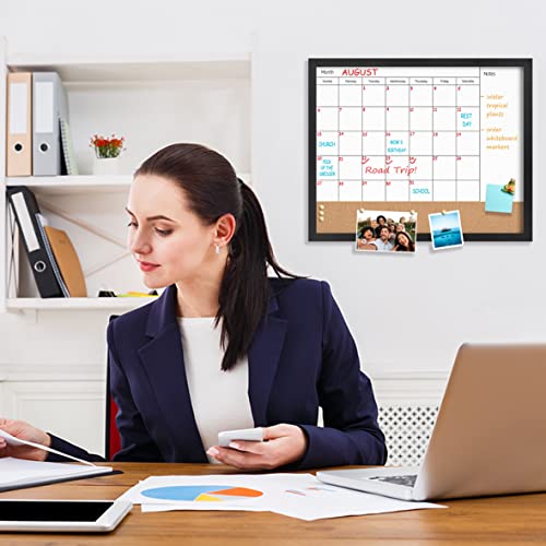 Umtiti Monthly Calendar Dry Erase White Board & Cork Bulletin Board，18" X 22"　Black Wood Frame，Magnetic Surface Whiteboard.perfect For Organizing Your Space.whiteboard+Cork-4555B-Bk #TOP3