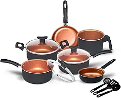 Conjunto de Panelas Antiaderente com Tampa de Vidro, 9 Peças, Revestimento Teflon, Cor Cobre, Utensílios em Nylon, Frigideiras e Caçarolas