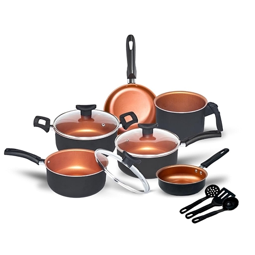 Conjunto de Panelas Antiaderente com Tampa de Vidro, 9 Peças, Revestimento Teflon, Cor Cob... Conjunto de Panelas Antiaderente com Tampa de Vidro, 9 Peças, Revestimento Teflon, Cor Cob...