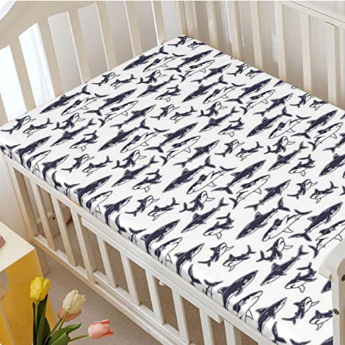 Shark Party Themed Fitted Crib Sheet,Standard Crib Mattress Fitted Sheet Toddler Bed Mattress Sheets-Crib Mattress Sheet Or Toddler Bed Sheet,28“ X52“,Dark Blue Grey White #TOP2
