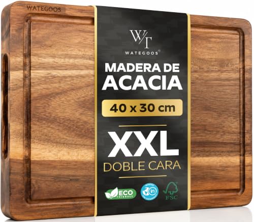 WATEGOOS Tabla de Cortar Grande de Madera Acacia Premium para la Cocina | 40 x 30cm · Agarres laterales · Canal recolector de jugos · Sin tóxicos · Ecologica y Antibacteriana · Para preparar y servir