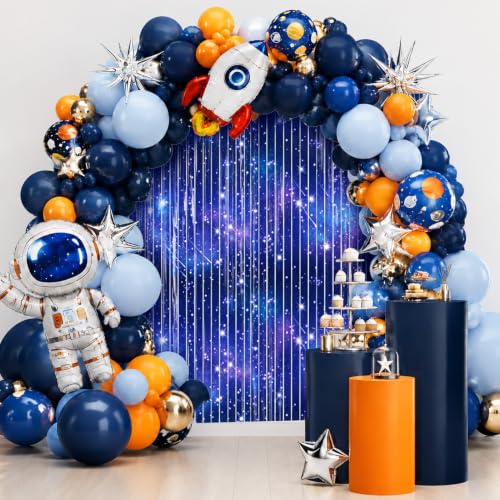 Image of 4 Packs Galaxy Foil Fringe Curtain, Blue Glitter Metallic Tinsel Backdrop for Birthday Baby Shower Outer Space Alien Party Decorations Supplies