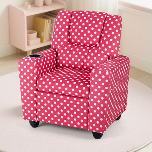 Image of Kids Recliner, Toddler Lounge Chair w /Cup Holder, Wide Armrest, Kids Sofa w /Adjustable Footrest, Comfy Toddler Recliner Chair for for Boys & Girls 3 + (Fabric, Red Polka Dots)