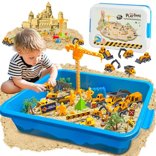 BlingCnsy Construction Sensory Bin, Portable Sandbox with Lid & 2.6lbs Sand & 5 Trucks, Construction Play Sand Toys for Kids Indoor Outdoor Play, Girls Boys Gifts for Christmas Birthday Age 4-8-12+