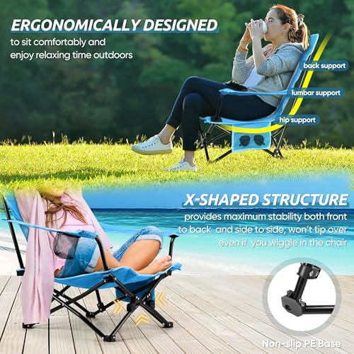 Image of HaSteeL Folding Beach Chair Set of 3, Foldable Blue Camping Chairs & Grey Table for Outside, Low Beach Chair Portable for Adults Fishing, Picnic, Outdoor BBQ, Travel, Sports, Cup Holder & Storage Bag