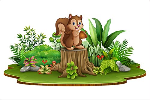 Muralo Papel pintado fotográfico para habitación infantil, 60 x 90 cm, no tejido, diseño de ardilla, bosque, flores, plantas, mundo infantil, juvenil, moderno XXL