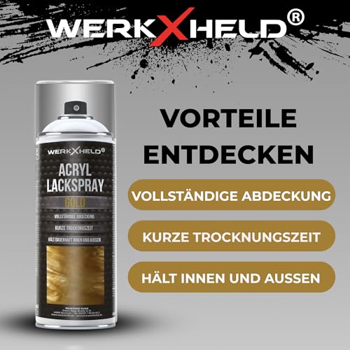 WerkXheld Sprühlack 400ml - Hochwertiges Lackspray Gold, Vielseitig anwendbar auf Holz, Metall & Textil, Langlebiger Acryllack Spray