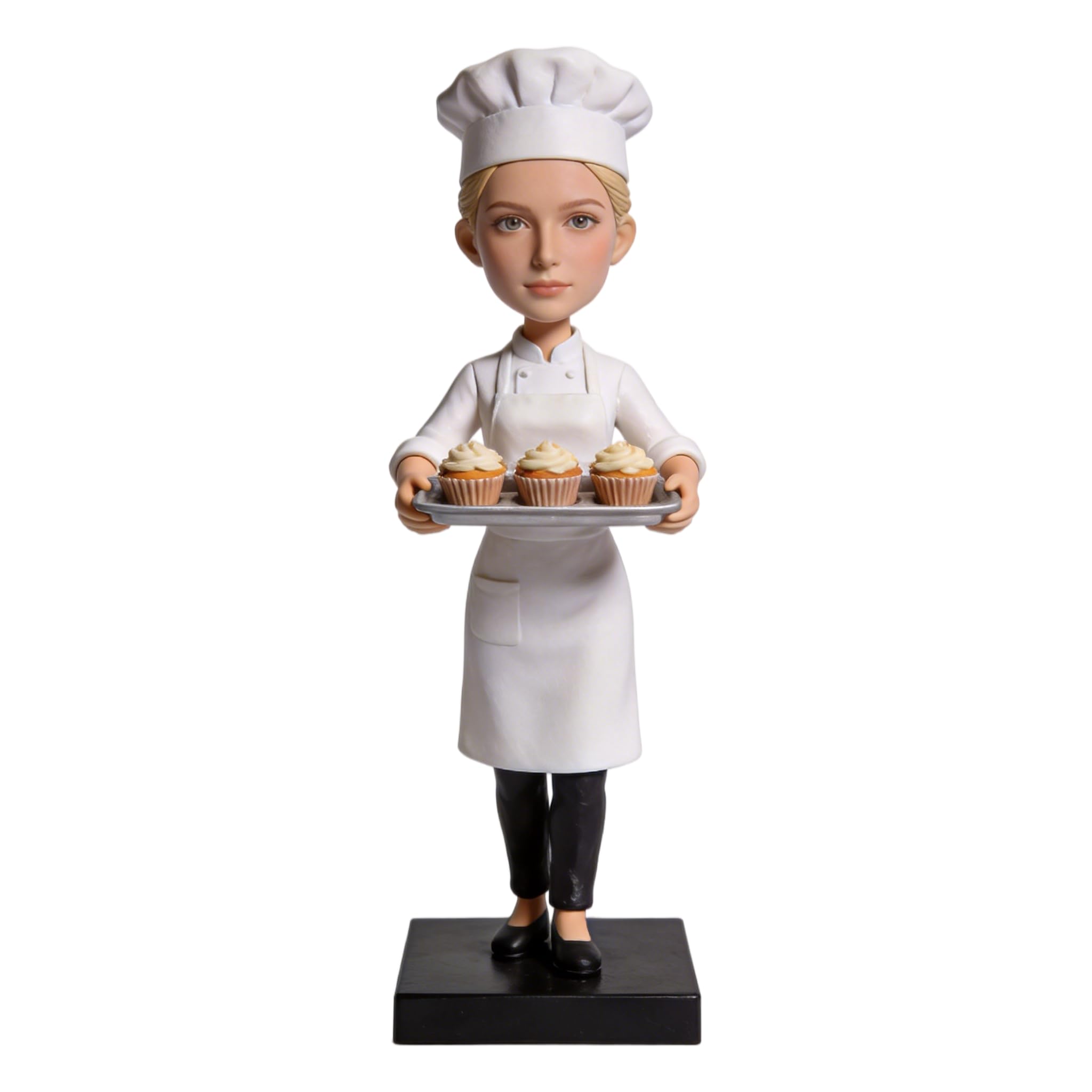 Bobblehead di pasticcere personalizzato, statuetta 3D personalizzata da foto, statua a corpo intero in argilla polimerica fatta a mano con vassoio per cupcake, regalo per compleanno