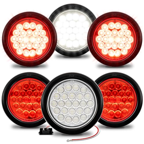 TRUE MODS 4 Red + 2 White 4" Round 24 LED Trailer Tail Light Kit [DOT Certified] [Grommet & Plug] [IP67 Waterproof] Stop Brake Turn Reverse Back Up Trailer Light For RV Semi Truck Flat Bed Camper