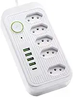 Filtro De Linha Clamper Extensão Cabo Extensor 2 Metros Com 5 Tomadas + 4 USB E 1 USB- Tipo C Tensão Bivolt 110/220 Com Potência de 2500W 10A, Régua Energia Elétrica Cor Branco