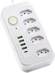 Filtro De Linha Clamper Extensão Cabo Extensor 2 Metros Com 5 Tomadas + 4 USB E 1 USB- Tipo C Tensão Bivolt 110/220 Com Potência de 2500W 10A, Régua Energia Elétrica Cor Branco
