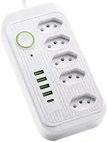 Filtro De Linha Clamper Extensão Cabo Extensor 2 Metros Com 5 Tomadas + 4 USB E 1 USB- Tipo C Tensão Bivolt 110/220 Com Potência de 2500W 10A, Régua Energia Elétrica Cor Branco