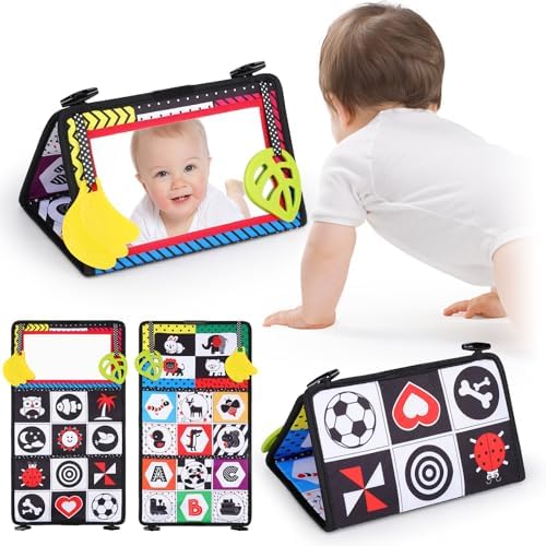 Donaky Tummy Time Mirror Toys, Foldable Baby Mirror Toy Black and White