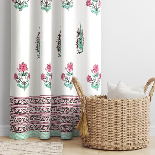 Image of BLOCKS OF INDIA Blackout Hand Block Printed Cotton Daylight Curtains with Eyelets(Set of 2 Curtains) (Block 12, 7 Feet /Door), Pink, White