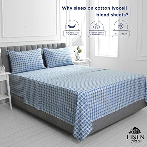 Image of Linen Home Cotton Lyocell Blend Percale Sheet Set Twin Size - 3 Piece Deep Pocket Bedding, Pre-Washed & Shrunk, Crisp Cooling Fabric, Fade-Resistant, Hotel Luxury, Wrinkle-Free - Checks Denim Blue