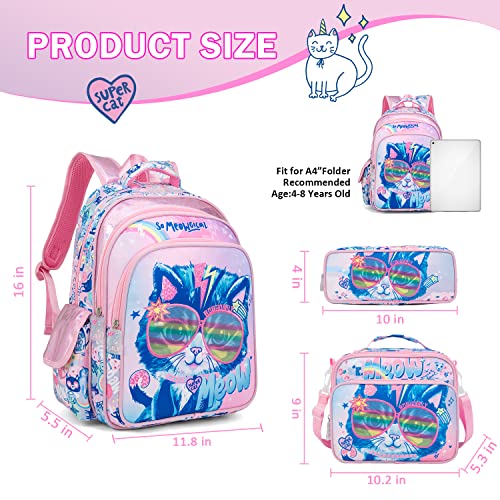 Robhomily Girls Backpack With Lunch Box For Elementary School Preschool Kindergarten, Cute Kids Backpack With Lunch Bags Sets For Girls Pink Cat Backpack For School #TOP1