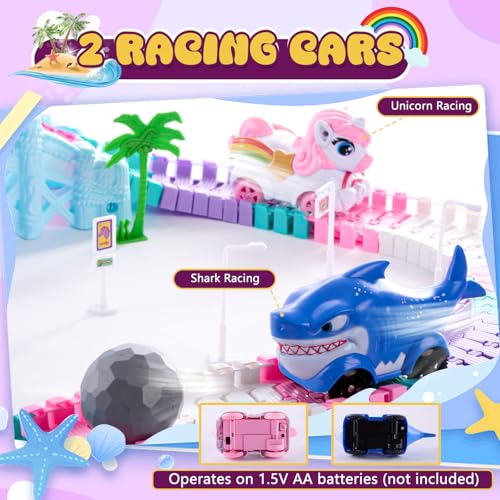 DIY Rennbahn Spielzeug Einhorn – Flexibles Auto Rennstrecke Set für Kinder, 194 Teile, Kreatives Bauset, Autorennbahn Spielzeug, Biegsame Rennstrecke, Geschenk für Jungen & Mädchen