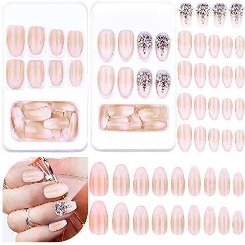48 Pieces False Nails Bling Rhinestones Fake Nails Gradient Full Cover Acrylic False Nails Glossy Coffin False Nails with Nail Glue Nail File for Women DIY Nail Decorations, Gold Rhinestone