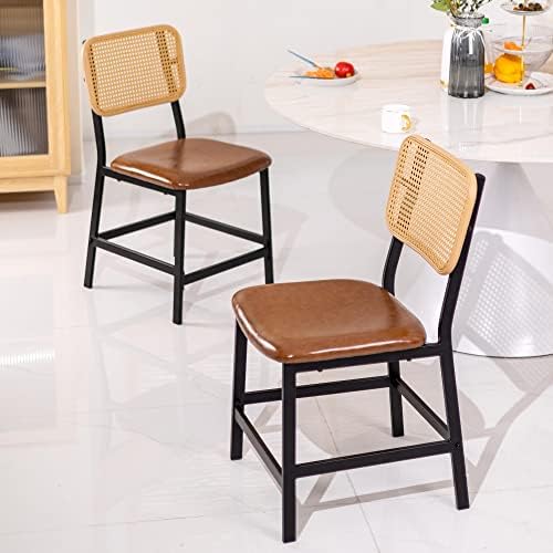 Zedesey Rattan Dining Chairs Set of 2, Indoor Dining Chair with Rattan Backrest Industrial Faux Leather Chairs Mid-Century Metal Dining Chair for Kitchen, Dining Room, 18", Brown