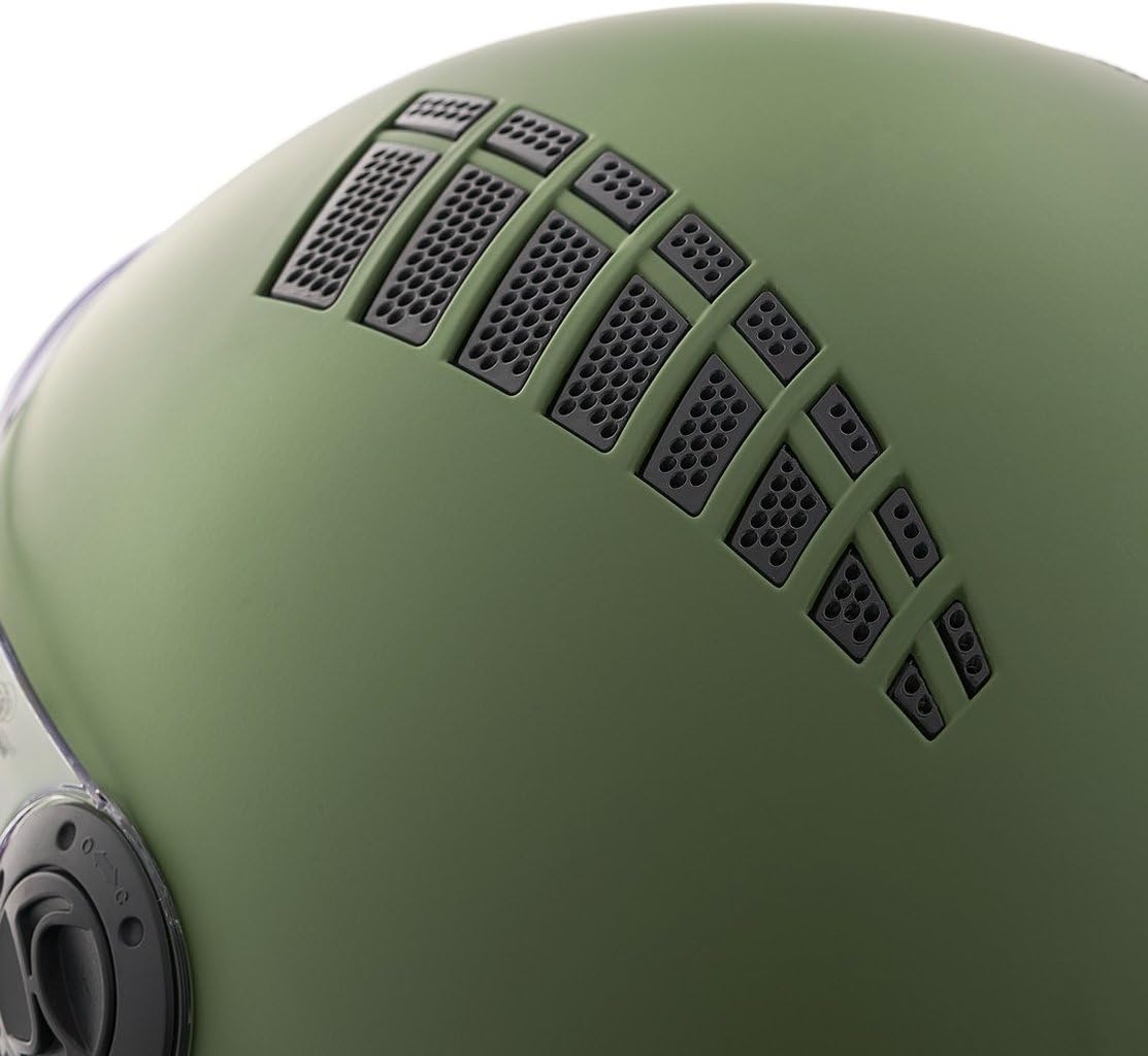 BHR Casco Demi-Jet 834 FLOW - Casco Scooter Estivo Omologato ECE 22.06 con 16 Fori di Aerazione - Visiera Antigraffio e Sgancio Micrometrico, Verde Opaco, L