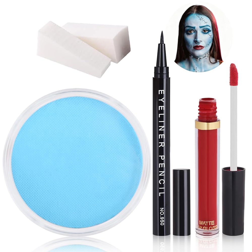 Sally Makeup Kit, Sally Face Costume Cosplay Accessories for Women, Corpse Bride Costume Makeup Kit, Water Activated Light Blue Face Body Paint+Red Lipstick+Black Eyeliner+Sponges