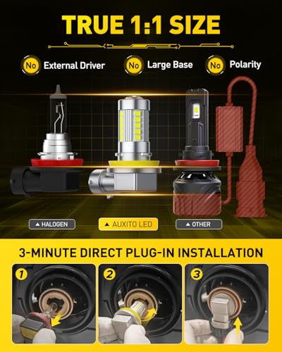 AUXITO Upgraded H11/H8 LED Fog Light Bulbs, 6500K Cool White, 1:1 Mini Size H11/H8/H16 LED Fog Light Bulbs, 360° Full Illumination(Pack of 2)