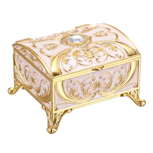 SUMTree Retro Schmuckschatulle Antik Klein Schmuckbox Vintage Schmuckkasten mit Deckel Beige Schmuckkästchen aus Aluminium Hochzeitsringe Box Schatztruhe für Ohrringe Damen Geschenk für Weichnachten